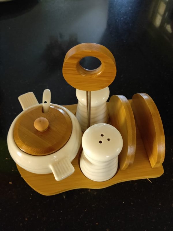 Sugar Dish Serviette Holder With Bamboo Stand